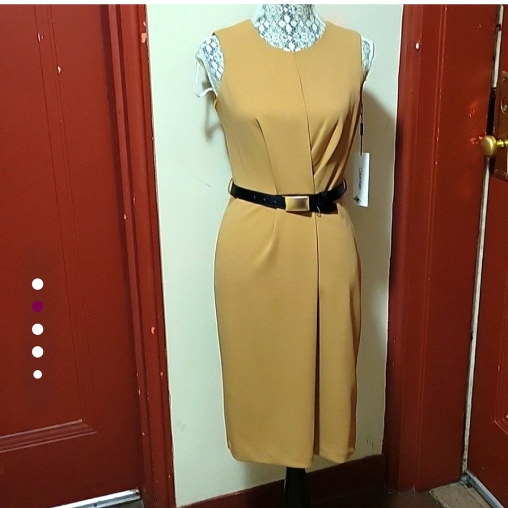 Calvin Klein Elegant Tan Women's Sleeveless Dress with Black Belt Size 2